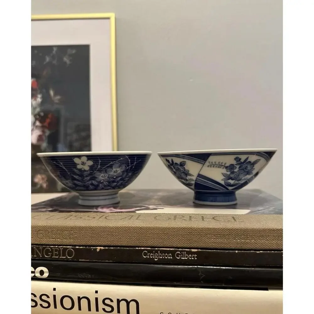 Vintage Pier 1 Blue & White Rice Bowl Pair Floral Porcelain